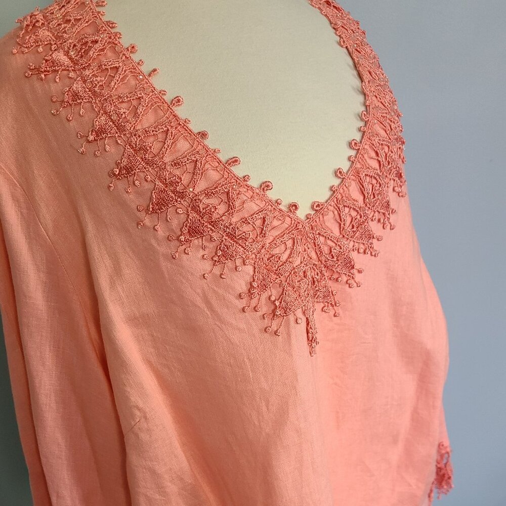 Peach Coral Beaded Tunic Top Linen 1X  Fresh Soak